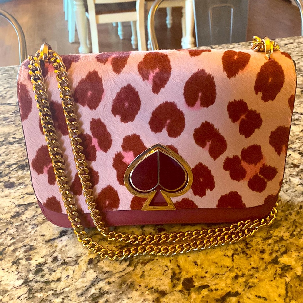 Kate Spade Nicola Heart twist lock Pink/Red Leopard crossbody Purse EUC